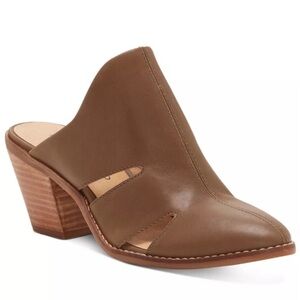 Lucky Orinthia Cut Out Block Heel Antique Green Brown Leather Mules 8.5